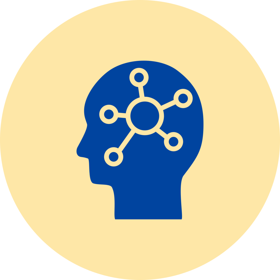 A blue outline of a human head in profile, featuring a central circle connected to several smaller circles, symbolizing ideas, connections, or thoughts. The background is a soft yellow circle.