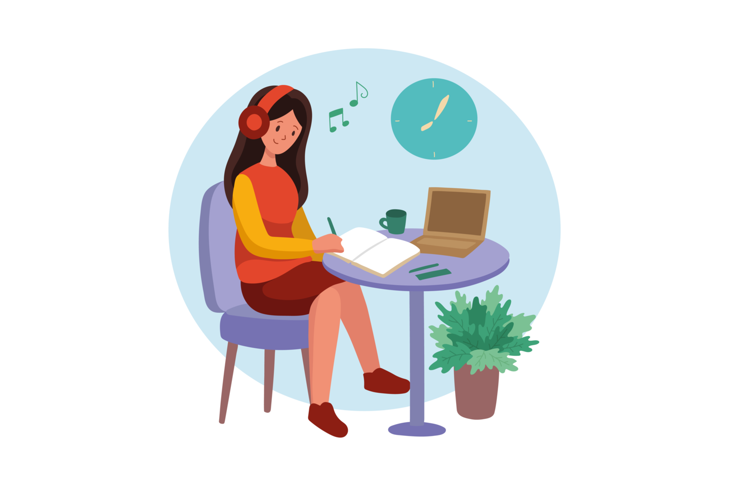 A girl sits at a round table, wearing headphones and writing in a notebook with a green pen. She has a laptop beside her, which is open, and a green mug next to it. There is a potted plant in the foreground and a wall clock in the background showing the time. Music notes are illustrated above her, suggesting she is enjoying music while she studies.