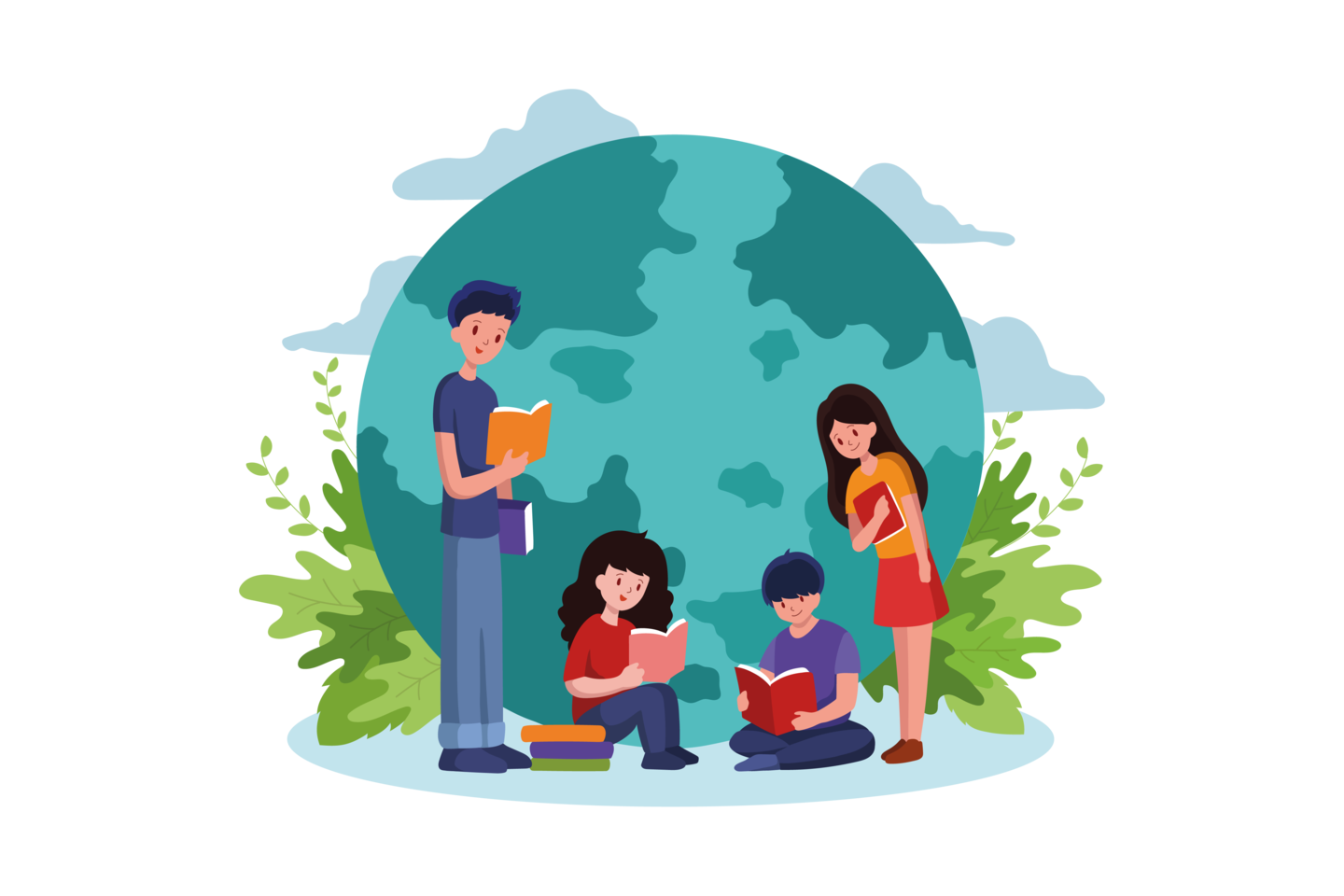 Four children are engaged in reading near a large globe surrounded by green plants. One child is standing and holding a book, while another child sits on the ground reading. The two remaining children are also seated, with one reading a book and the other looking at the book. The sky has soft clouds, creating a friendly outdoor atmosphere.