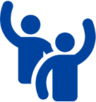 Two stylized figures are raising their arms in celebration or excitement. The figures are colored in blue and are simple in design, representing joyful and friendly expressions.