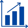 A blue line graph with three vertical bars of increasing height, indicating growth. An upward arrow moves from the lowest bar to the highest, suggesting a positive trend or increase over time. The horizontal and vertical axes are labeled, with the vertical axis representing values and the horizontal axis representing time or categories.