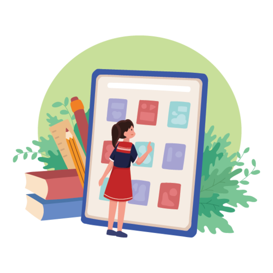 A girl in a red dress is standing in front of a large digital tablet displaying colorful rectangular icons. She is reaching out to touch one of the icons. In the background, there are books, a pencil, and green plants.