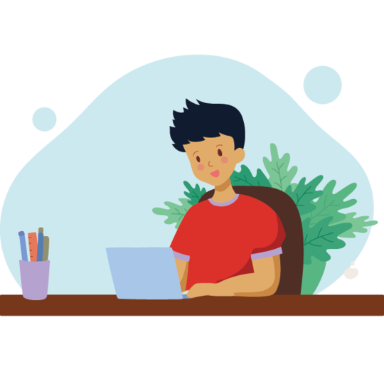 A boy with short black hair sits at a desk, focused on a light blue laptop. He wears a red shirt and has a cheerful expression. In front of him is a cup with colorful pens, and there are green plants in the background, adding a lively touch to the scene.