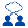 Two simplified human figures facing each other, each with a thought bubble above their heads that contains a small circle. The image symbolizes thinking, discussion, or sharing ideas.