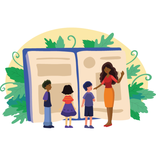 A woman with long, curly hair and a red top is standing and gesturing toward an open book. There are three children in front of her: a boy with dark hair in a purple shirt, a girl with short black hair wearing a striped shirt and a purple skirt, and a boy with blue hair wearing a blue shirt and hat. The background features green leaves and a soft yellow circle behind the book.